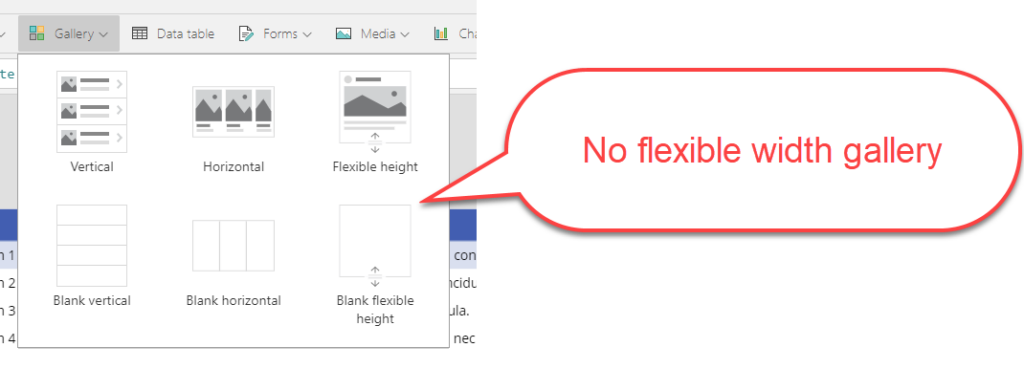 There is no Flexible Width Gallery available in Power Apps